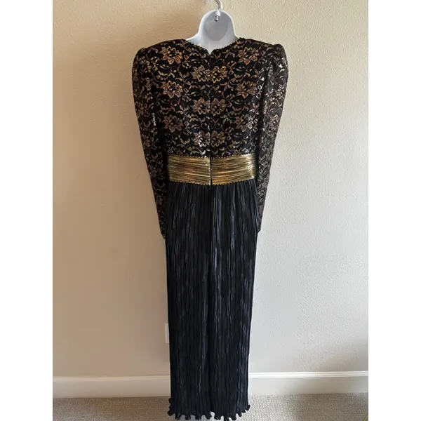 Ricki Lang‎ for Steven Stoll Gown Size 12 Black Gold Metallic Lace Pleated Maxi - Image 2