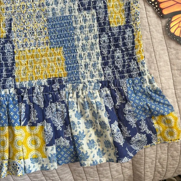 Natural life blue yellow boho floral patchwork smocked ruffle hem tops L XL​ - Image 3