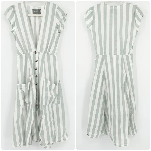 Reformation Womens Bayu‎ Linen Dress Size 2 Baltic Striped Button Front Pockets - Image 2