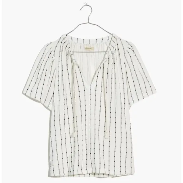 Madewell Shirt Womens 4X White Black Tie‎ Neck Short Sleeve Tunic Top NE476 - Image 2