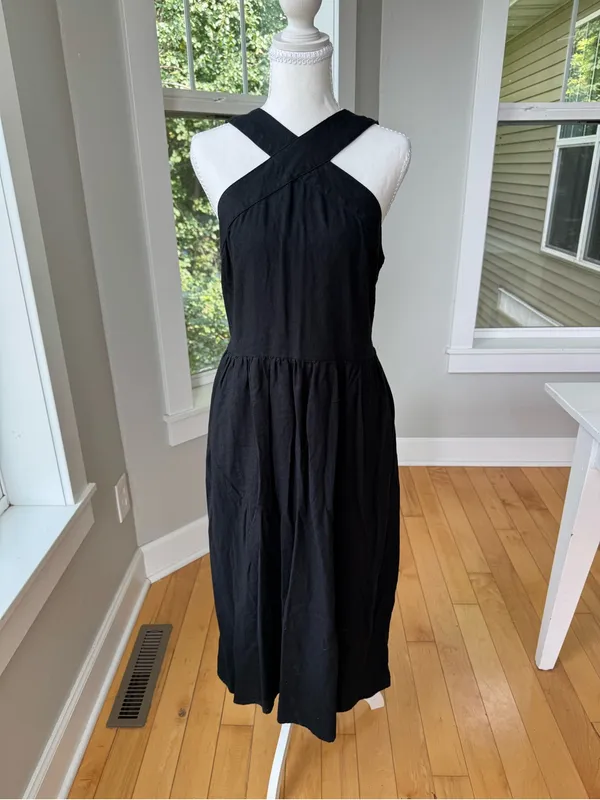 A New Day Black Linen Rayon Cross Front Midi Dress Size Large - Image 9