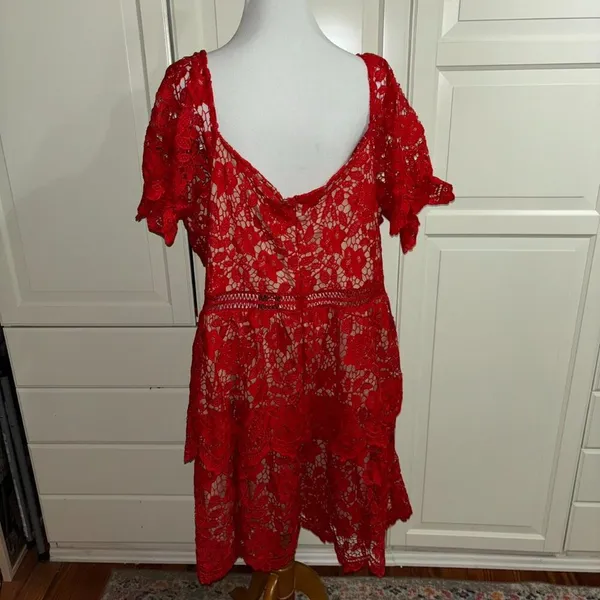 Boo-hoo plus premium lace tiered skater dress in red - Image 3