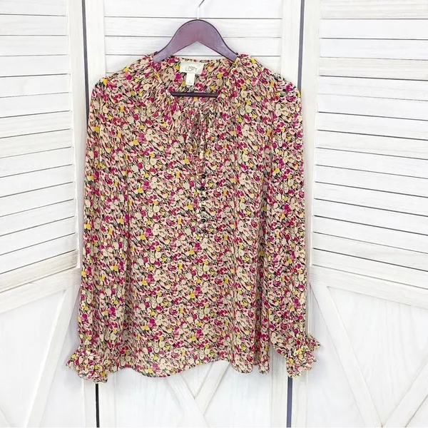 Loft Ann Taylor Ruffle Trim Tie Neck Floral‎ Chiffon Blouse Large Beige Pink - Image 8
