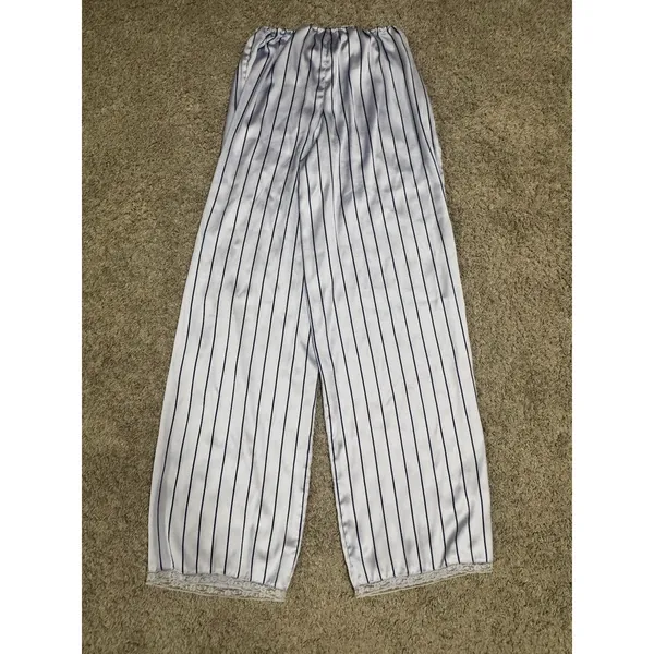 SKIMS Woven Shine Sleep Lace Pants Blue Pinstripe Satin Lounge Pajama Bottoms XS - Image 6