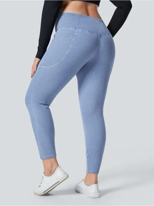Halara Flex Crossover Side Pocket Washed Stretchy Knit Denim Work Legging - Image 8