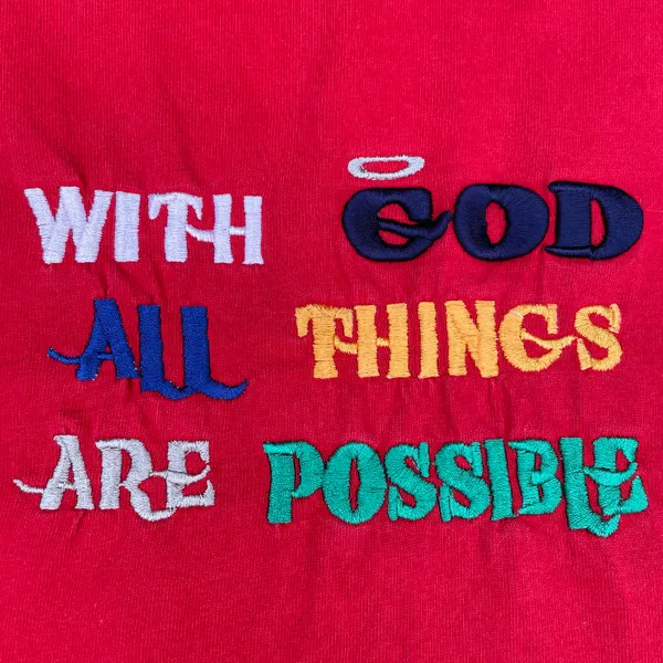 Vintage With God All Things Are Possible Embroidered Red Oversized T-shirt - Image 2