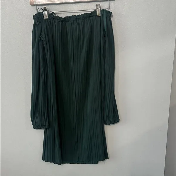 One Clothing Womens Dress Off Shoulder Pleated Long Sleeve Forest Green S - Image 4