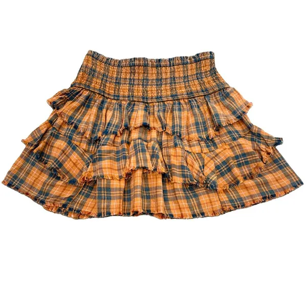 Free People Plaid Ruffle Mini Skirt Size Orange Blue High Waist Boho L - Image 2