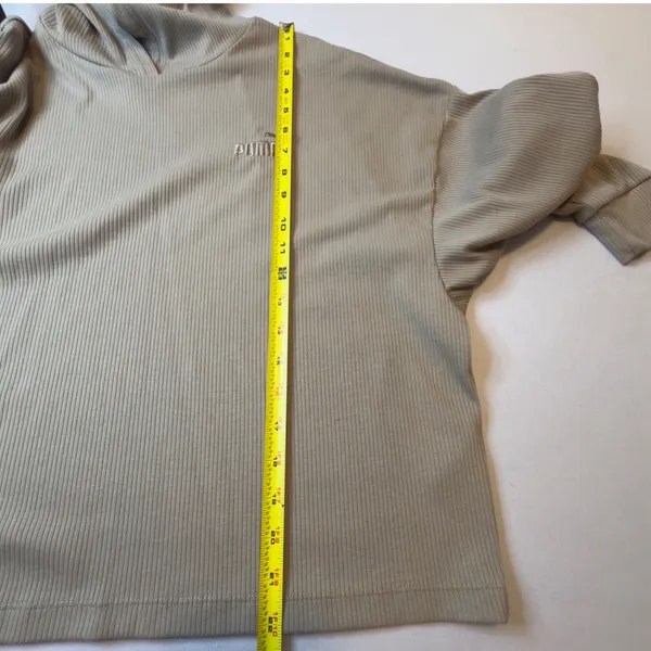 Puma Womens Ribbed Knit Cropped Hoodie Tan Beige Long Sleeve Pullover Large EUC - Image 6