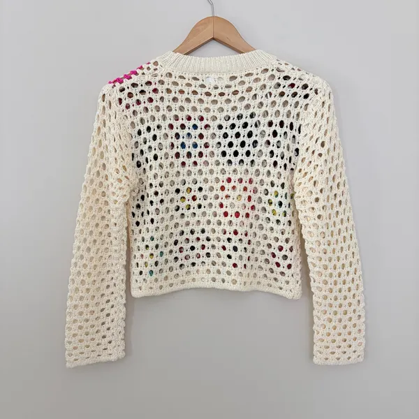 Luna Ivy Sweater Granny Square XS Cream Crochet Patchwork Boho Open Knit - Image 3