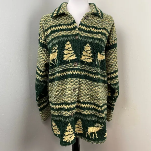 Vintage 90s Womens Fair Isle Moose Christmas Fleece Shirt Jacket Shacket Medium - Image 2