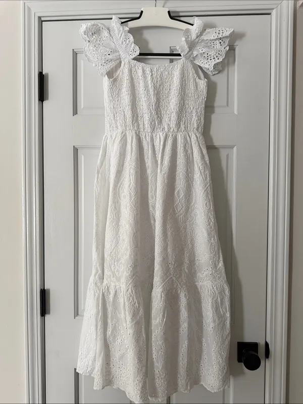 Made in Italy White Eyelet Ruffle Strap Bustier Cinched Line Dress 100% Cotton - Image 6