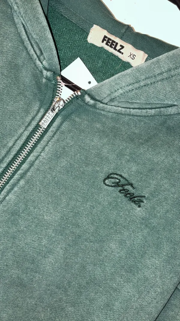 FEELZ. Washed Zip-Up Hoodie Dark Green Size XS - Image 2