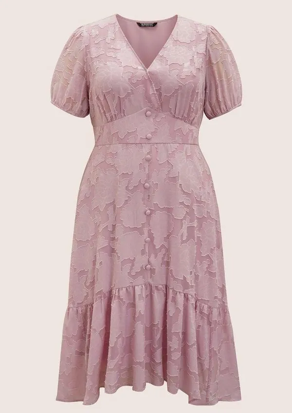 Bloomchic Solid Textured Lantern Sleeve Button Detail Dress - Image 6