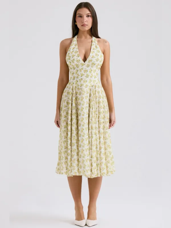 House of CB Solada Ivory Vintage Floral Print Georgette Halter Sundress XL - Image 2