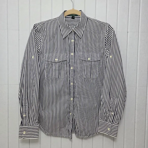 Lauren Ralph Lauren Navy Blue and White Vertical Stripe Button-Down Shirt Size M - Image 4