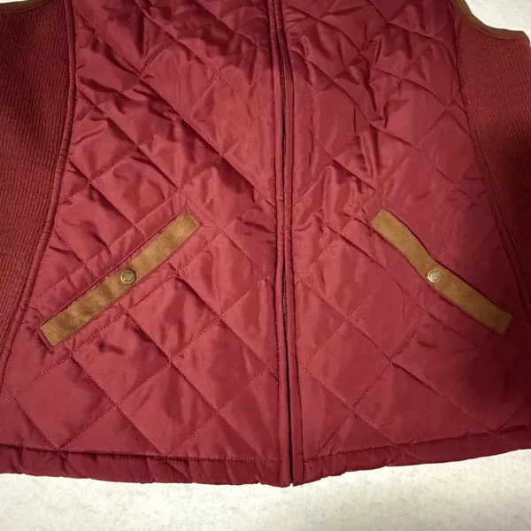 Croft & Barrow Women Burgundy Quilted Zip Up Vest Ribbed Sides Faux Suede Trim L - Image 3