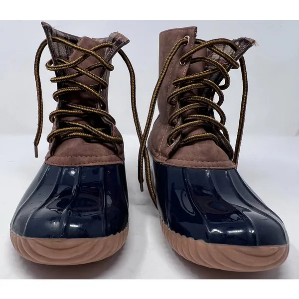 Green Forest Women's Rain Boots‎ Navy Brown Flannel Lining Size 7 - Image 3