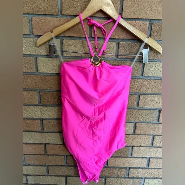 SUNSHINE 79 Sunshine Solids High Neck One Piece Gold Hardware Electric Pink Sz 4 - Image 3