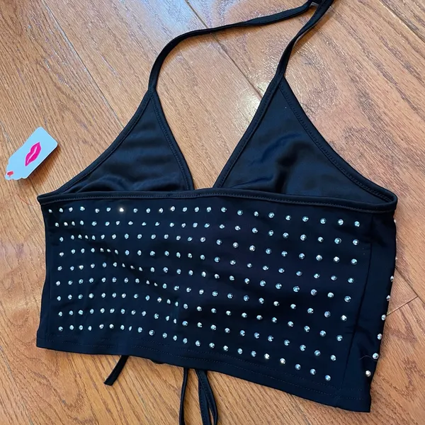 Top Chic Black Rhinestone Halter Crop Top – Y2K Clubwear Tie Front (NWT) - Image 4