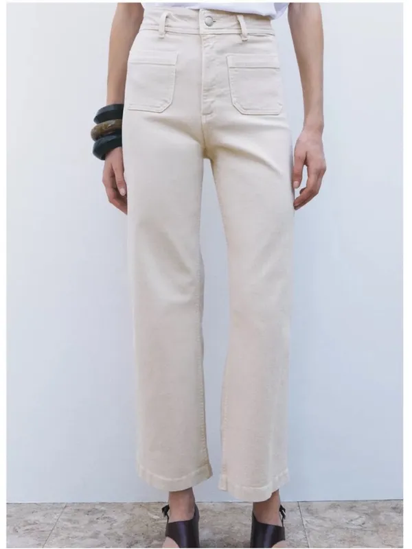 NWT Zara The Patch Pocket Wide Leg Jeans in Cream Size 6 - Image 4