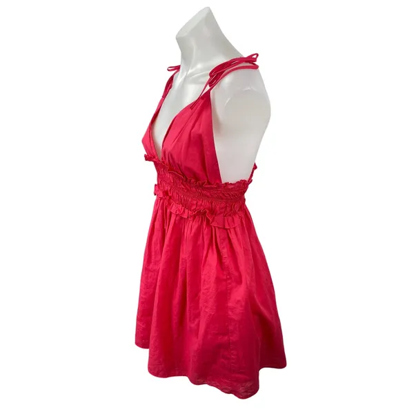 Zara Red Sleeveless Tie Strap V Neck Smocked Cami Tank A Line Mini Dress Size M - Image 3