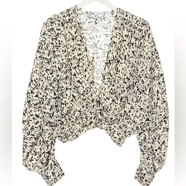 ZARA Wrap Balloon Sleeve Blouse Top XSMALL white black - Image 2