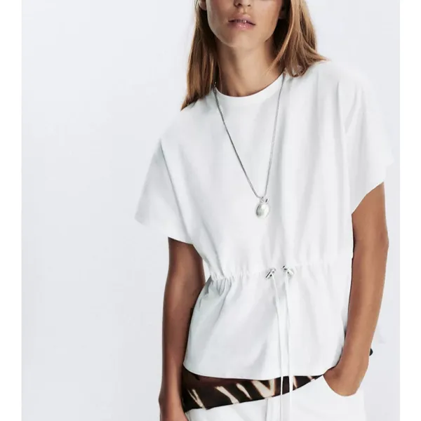 Zara NWT white heavy cotton tee shirt with drawstring waist peplum cinched waist - Image 7