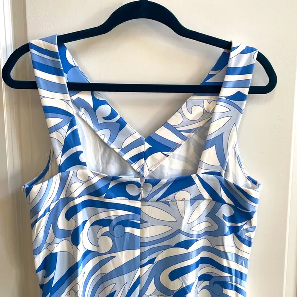 J.McLaughlin Sheath Dress Womens L Blue‎ White Abstract Swirl Preppy V-Neck Mini - Image 5