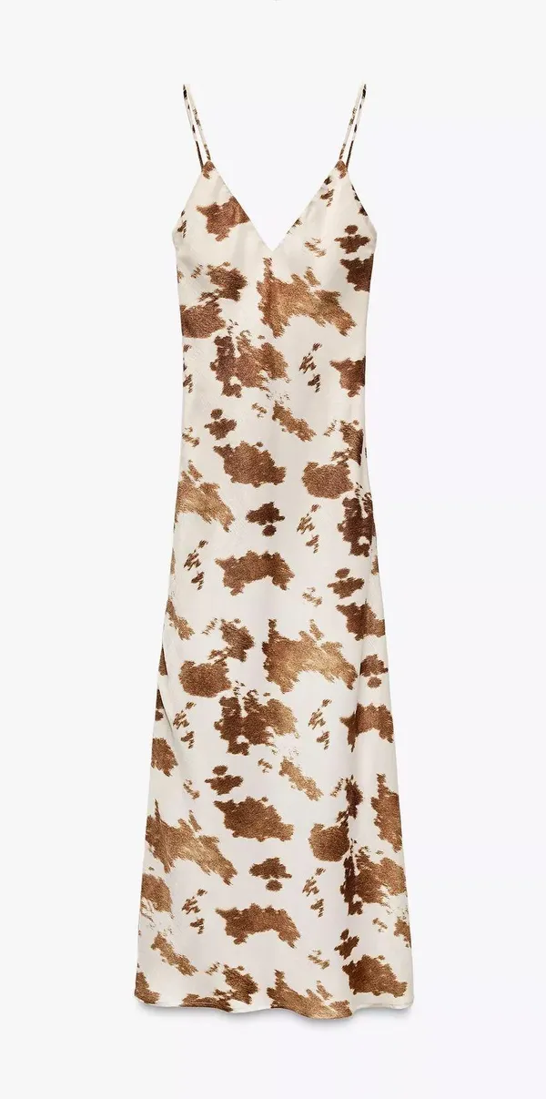 Zara cow patch satin effect boho western Brown and Cream maxi long dress - Image 15