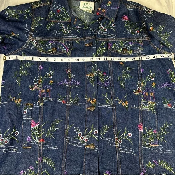 Quacker Factory Jacket Embroidered Floral Blue Denim Jean Trucker Women's Size L - Image 11