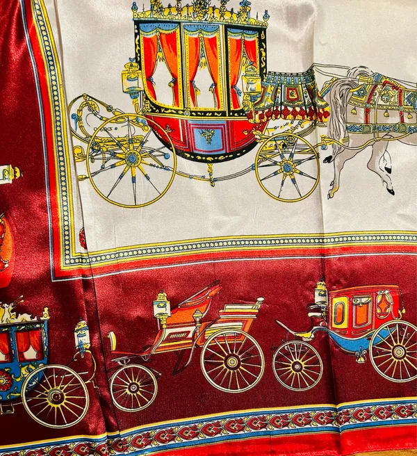 VINTAGE EQUESTRIAN horse&carriage BURGUNDY silky SCARF 35’/35’inches - Image 2