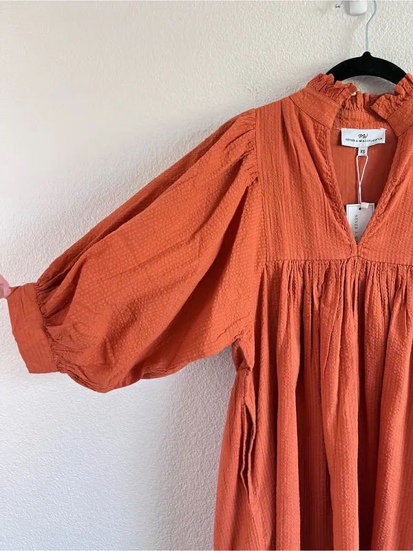 NWT‎ Never a Wallflower High Neck Dress Orange Seersucker Ruffle Puff Sleeve - Image 6