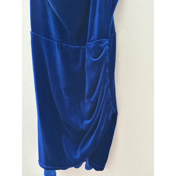 Royal Blue Velvet Cowl Neck Mini Dress Ruched Asymmetrical‎ Tulip Hem Cocktail - Image 5