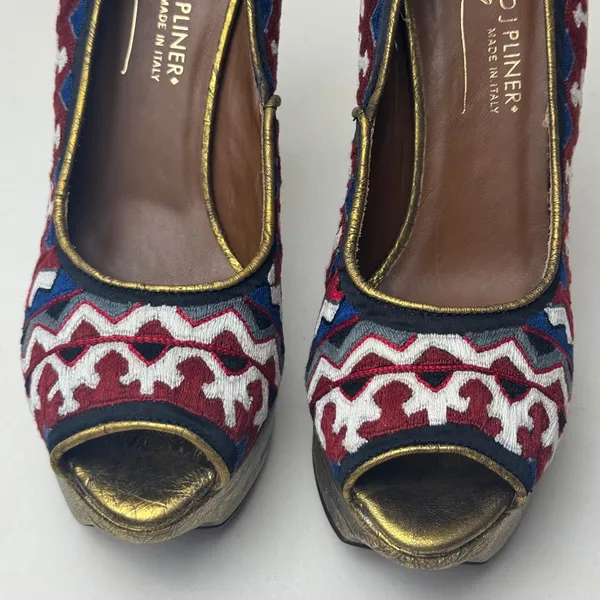 Donald J Pliner Couture Embroidered Peep Toe Platform Pumps Gold Red‎ Blue 6.5M - Image 7