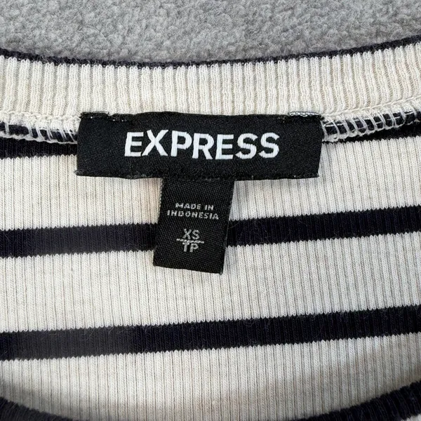 EXPRESS Women's X-Small Striped Ribbed Knit Puff Sleeve Top Cream Black Blouse - Image 4