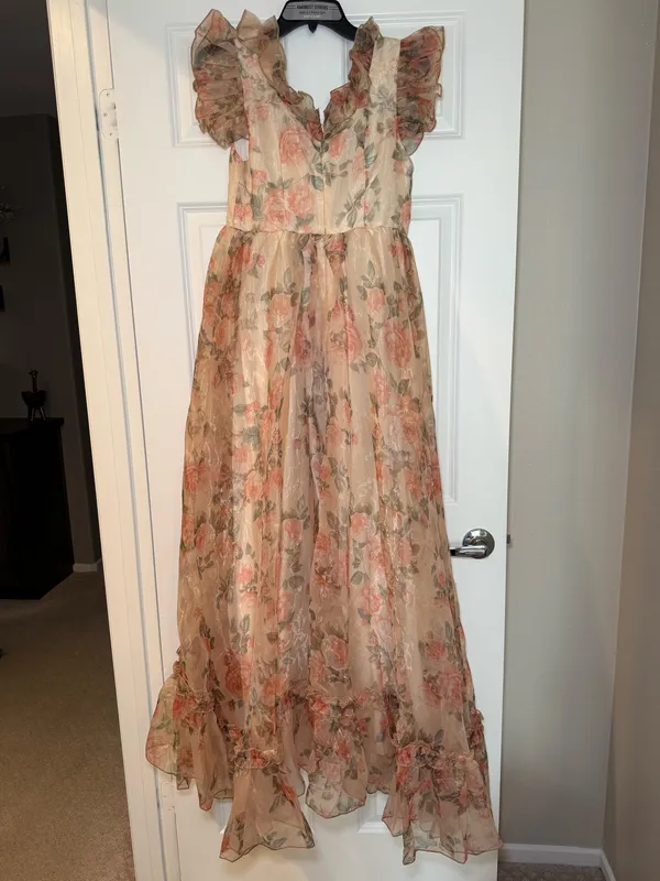 SHEIN Floral Ruffled Chiffon Maxi Dress - Peach Rose Print Size M NWT - Image 5
