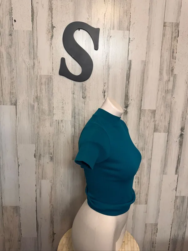 Popular Basics Popular 21 Seamless Ribbed Mock Neck Crop Top Womens S/M Teal Blue Short Sleeve - Image 2