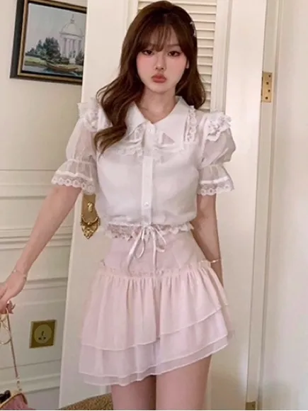 Japanese Kawaii White Lace Ruffle Elegant Lace Blouse Crop Top - Image 5