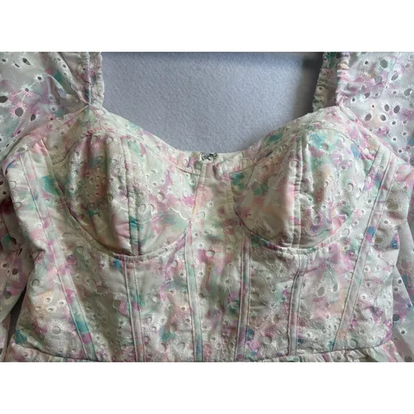 City Studios Floral Eyelet Corset Mini Dress Pastel Pink Blue XL - Image 5