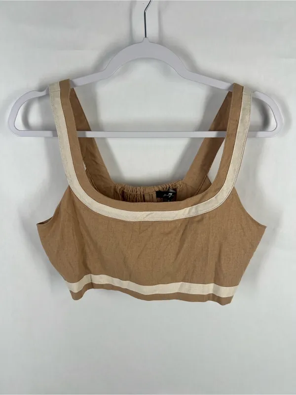7 For All Mankind Contrast Trim Linen Blend Crop Top Tan Cream M - Image 2