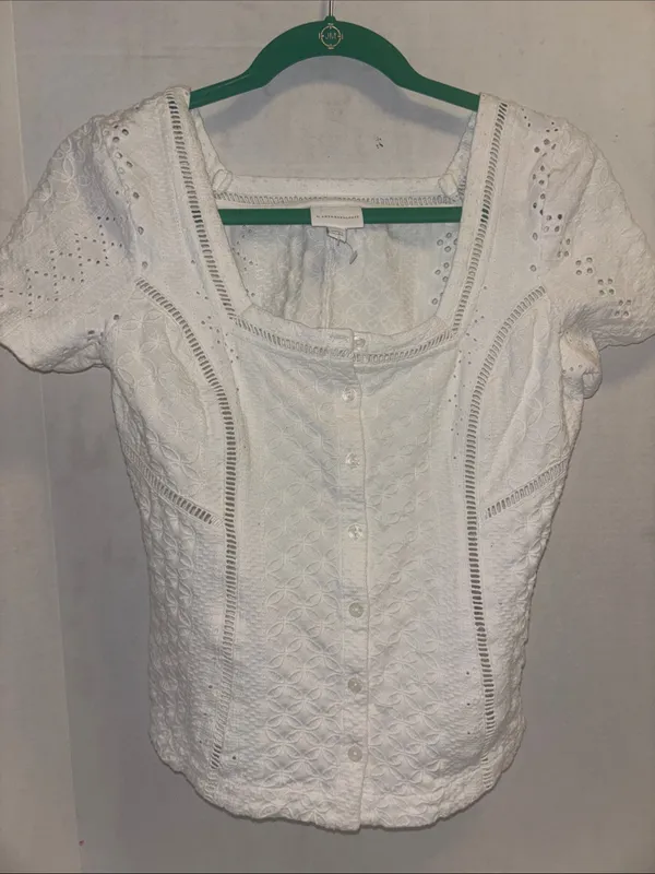 Ett:Twa By Anthropology White Button Front Eyelet Blouse Classic Square Neckline - Image 4