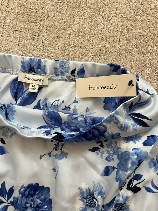 Francesca's Blue Floral Satin Midi Skirt - Image 2