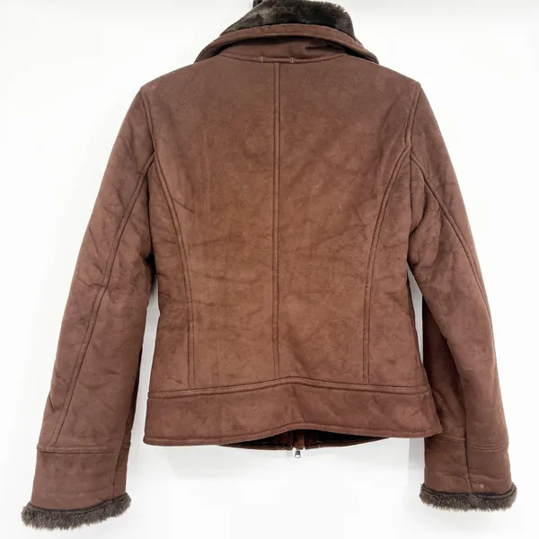 Sisley Womens Brown Faux Suede Fur Lined Aviator Cabin Rustic Jacket Size 42 - Image 9