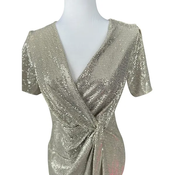 JM Studio John Meyer Silver Sequin Dress 12 Stretch Metallic Fabric Wrap Party‎ - Image 2