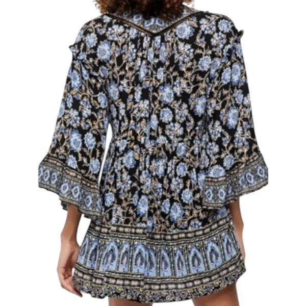 Free People Moonlight Dance Floral Bell Sleeve Boho Tunic Top Blue Size‎ Small - Image 2