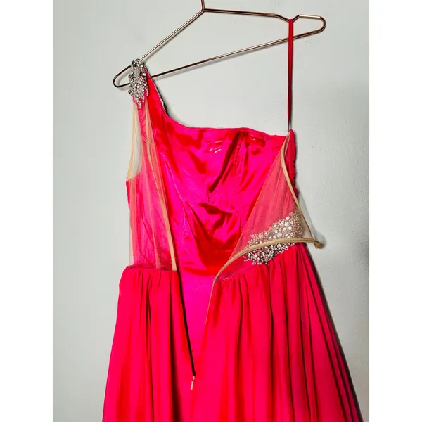 ASHLEYLAUREN Hot Pink Pleated Crystal Pearl Beaded One Shoulder Gown Size 8 - Image 10