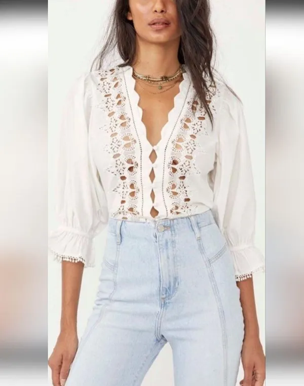 NWT Free People louella embroidered Blouse Color White IVORY Size S - Image 2