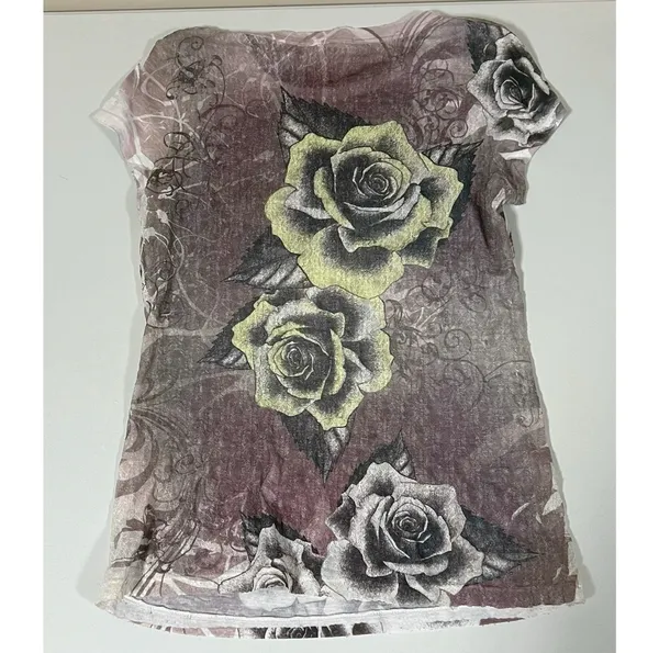 Miss Edge Gray Grey Rose Floral Diamond Studded Lace Short Sleeve T-Shirt Top Blouse Tee Size S 🌹✨ - Image 4