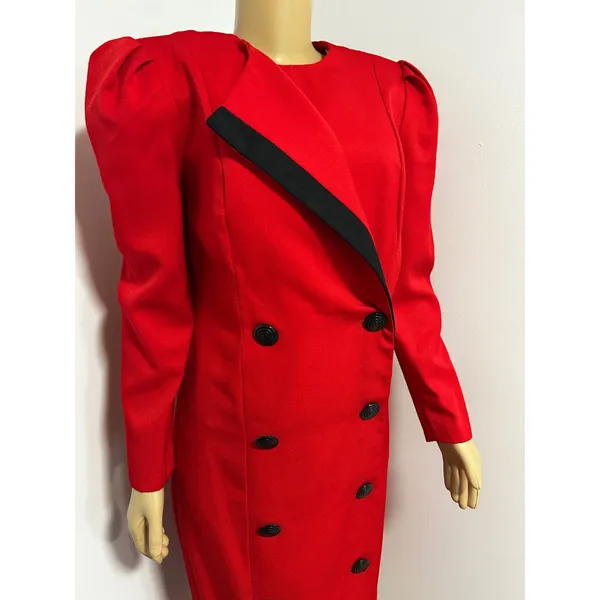 The Jones Girl Vintage 80s Red Double Breasted Puff Shoulder Sheath Dress 12 - Image 2